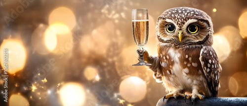 wild owl cuttie holding a glass of champaigne isolated over bright golden festive background with bokeh effect; funny greeting card, sylvester, birthday or other celebration advertising