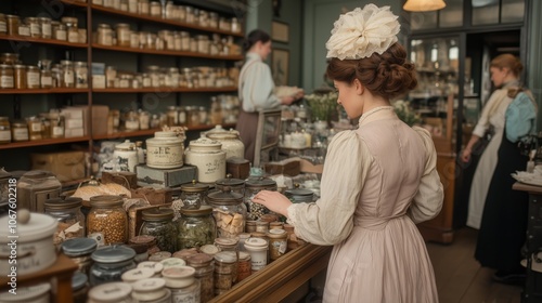 19th century chicago store interior with vintage jars and period clothing for historical design photo