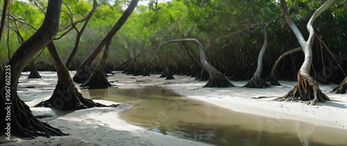 Mangrove forest at low tide tree roots twisting like sculptures water glistening between them in the light photo