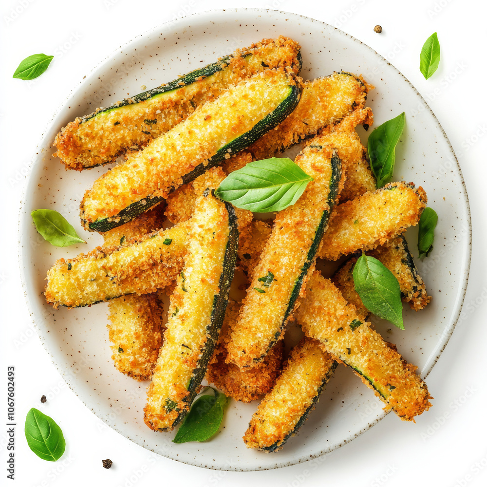 A plate of fried zucchini sticks, isolated on a white background, highlighting a crunchy snack A plate of fried zucchini sticks, isolated on a white background, highlighting a crunchy snack