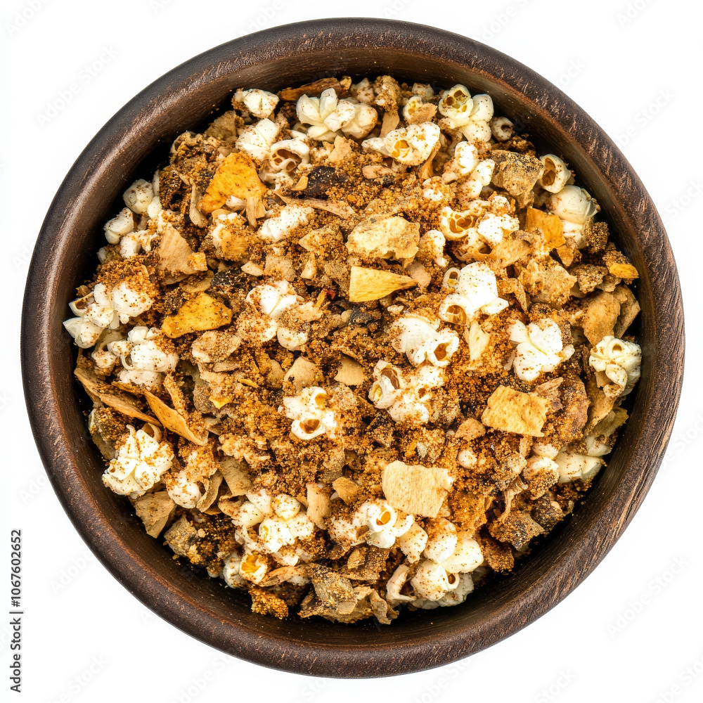 A bowl of spicy popcorn with seasoning, isolated on a white background, emphasizing a savory snack A bowl of spicy popcorn with seasoning, isolated on a white background, emphasizing a savory snack