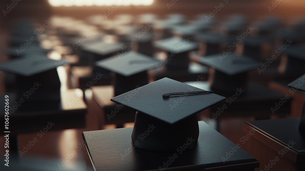 Academic caps with tassels displayed in focus at a graduation ceremony. Academic caps with tassels displayed in focus at a graduation ceremony.