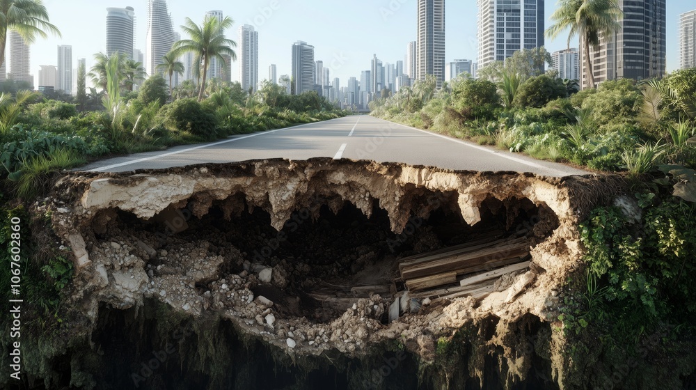 Cross section of a modern city road showing geological layers and urban environment Cross section of a modern city road showing geological layers and urban environment