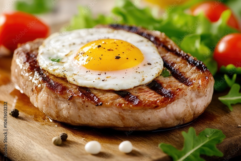Grilled pork steak with sunny side up egg on wooden cutting board Grilled pork steak with sunny side up egg on wooden cutting board