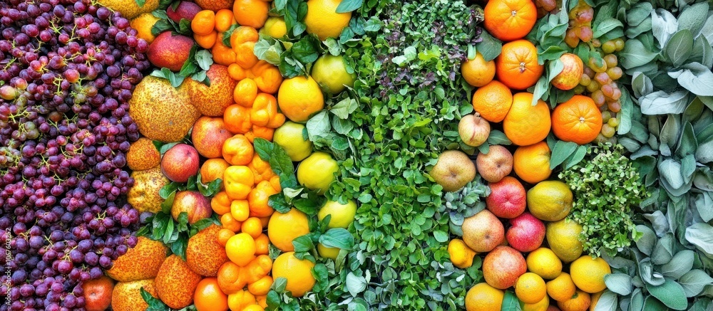 A vibrant arrangement of fresh fruits and leafy greens, forming a colorful rainbow pattern. A vibrant arrangement of fresh fruits and leafy greens, forming a colorful rainbow pattern.