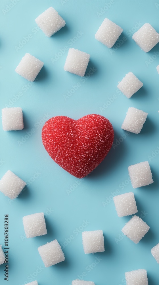 Sugar cubes and a heart shaped candy on a blue background warn about sugar's impact on heart health, urging for healthier lifestyle choices Sugar cubes and a heart shaped candy on a blue background warn about sugar's impact on heart health, urging for healthier lifestyle choices