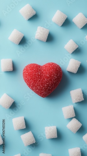 Wallpaper Mural Sugar cubes and a heart shaped candy on a blue background warn about sugar's impact on heart health, urging for healthier lifestyle choices Torontodigital.ca