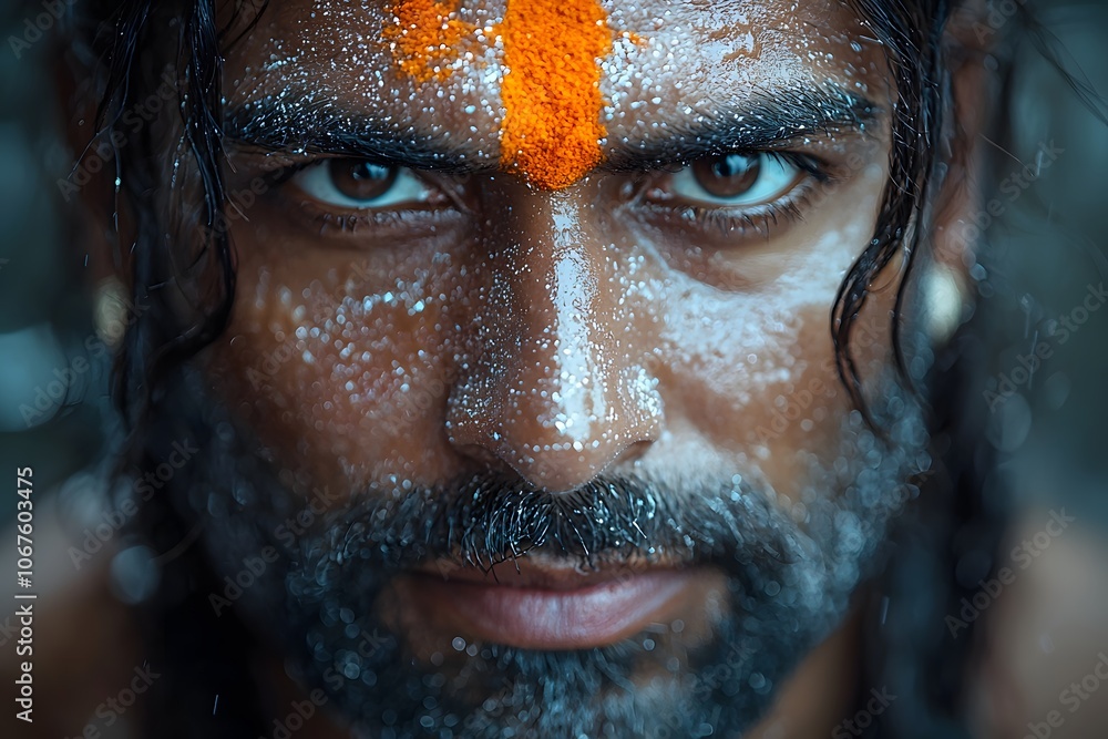 Intense gaze of a man with vibrant orange forehead mark and wet textured skin Intense gaze of a man with vibrant orange forehead mark and wet textured skin