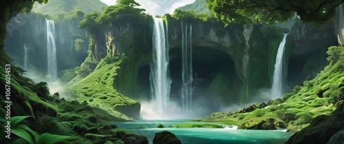 Surreal fantasy landscape with inverted waterfalls and lush greenery