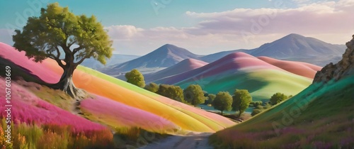 Whimsical fantasy landscape with candycolored hills and trees photo