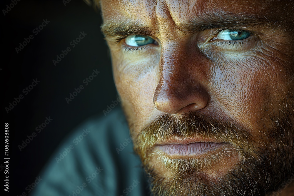 Intense gaze of a freckled bearded man with blue eyes in close-up portrait Intense gaze of a freckled bearded man with blue eyes in close-up portrait