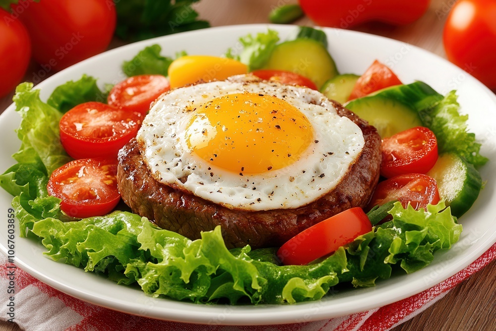 freshly cooked breakfast with sunny side up egg on beef patty vegetables freshly cooked breakfast with sunny side up egg on beef patty vegetables