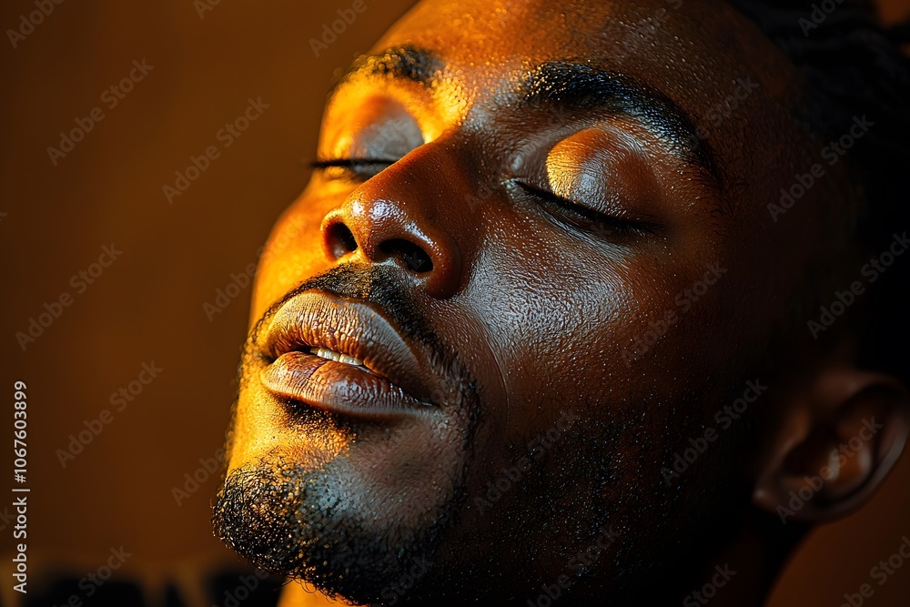 Serenity in sunlight: close-up of a relaxed man with warm lighting Serenity in sunlight: close-up of a relaxed man with warm lighting