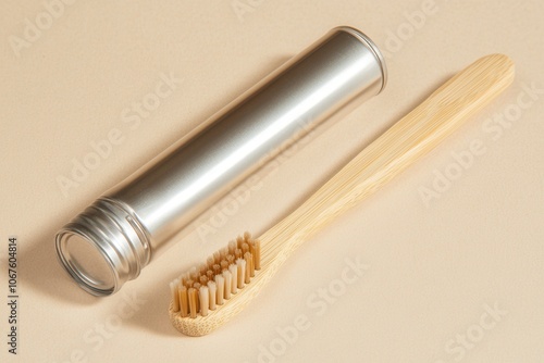 Sustainable bamboo toothbrush metal case on beige background photo