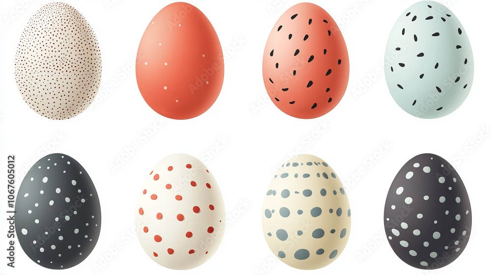 A vector illustration set of realistic eggs in various colors and patterns, isolated on a white background. Perfect for festive decoration, each egg has a unique design to add a vibrant touch. A vector illustration set of realistic eggs in various colors and patterns, isolated on a white background. Perfect for festive decoration, each egg has a unique design to add a vibrant touch.