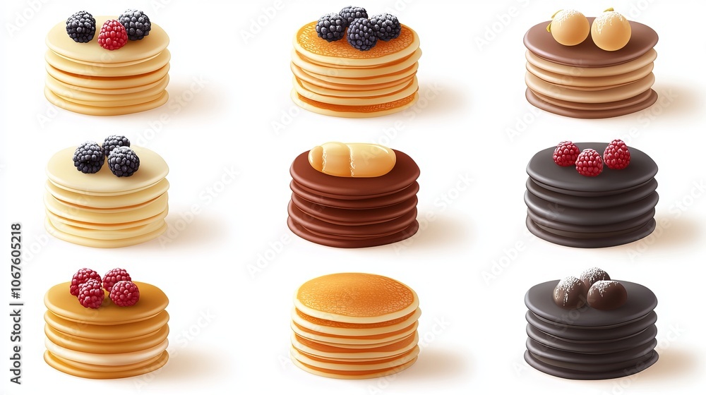 A set of realistic 3D pancake icons, showcasing bundles of stacks of pancakes with various fillings such as berries, honey, chocolate, and more. A set of realistic 3D pancake icons, showcasing bundles of stacks of pancakes with various fillings such as berries, honey, chocolate, and more.