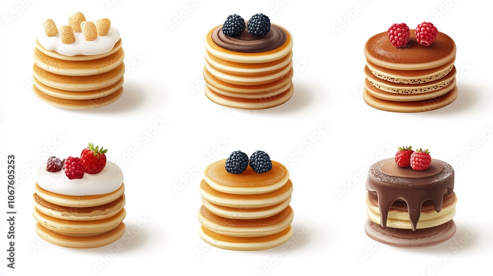 A set of realistic 3D pancake icons, showcasing bundles of stacks of pancakes with various fillings such as berries, honey, chocolate, and more. A set of realistic 3D pancake icons, showcasing bundles of stacks of pancakes with various fillings such as berries, honey, chocolate, and more.
