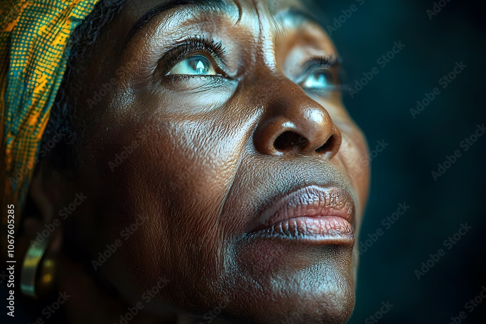 Elderly woman gazing upward, capturing hope and resilience in a thoughtful portrait Elderly woman gazing upward, capturing hope and resilience in a thoughtful portrait