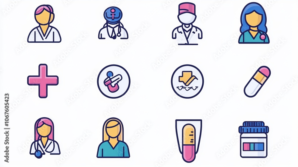 A set of outline vector icons representing doctor visits, featuring elements like medical staff, patients, and health-related symbols in a colorful line style on a white background. 