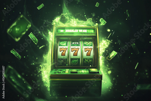 Slot machine surrounded by green glowing light and flying dollar bills creating a vibrant casino theme  
