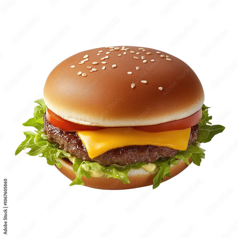 Delicious cheeseburger with lettuce and tomatoes on a transparent background