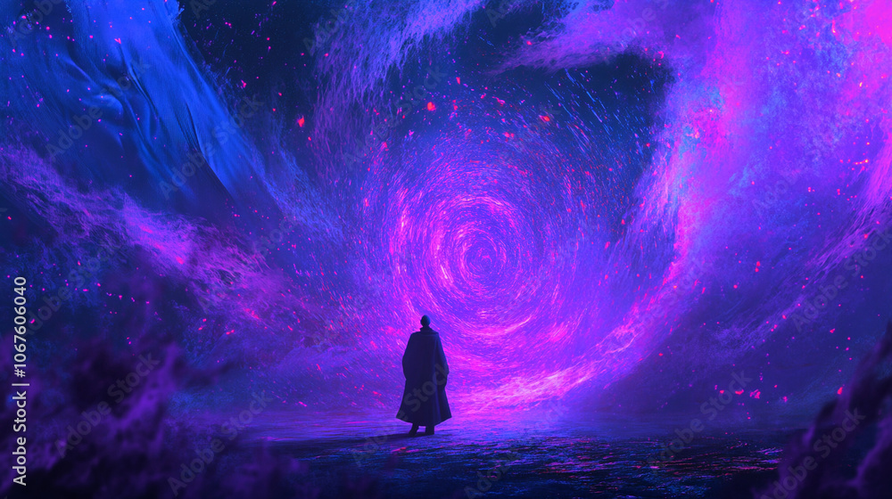 Mystical figure in cosmic space scene. Mystical figure in cosmic space scene.