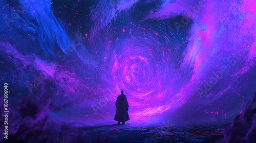 Mystical figure in cosmic space scene.