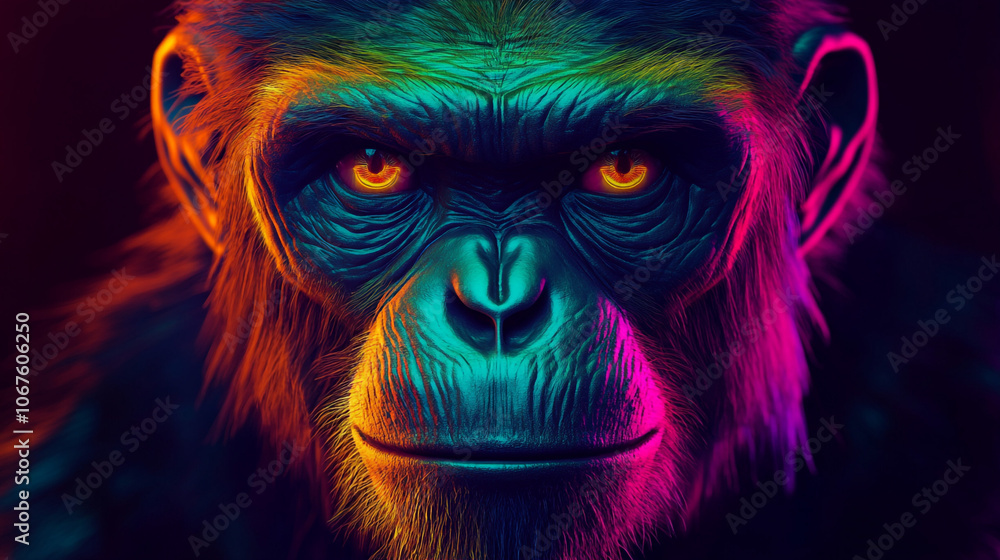 Close up Portrait of a Chimpanzee with Neon Lighting Close up Portrait of a Chimpanzee with Neon Lighting