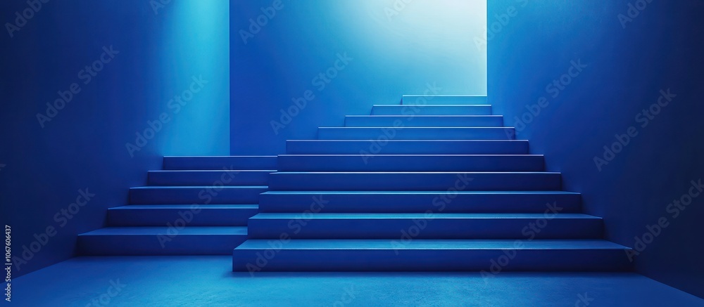 Fototapeta premium Blue stairs leading up to a bright light in a modern space.