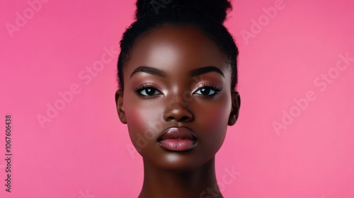 panoramic shot of beautiful african american girl with clean face, isolated on pink