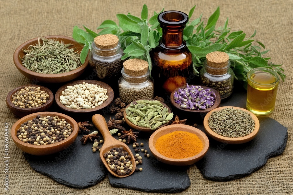 Aromatic herbs spices assortment on natural background Aromatic herbs spices assortment on natural background