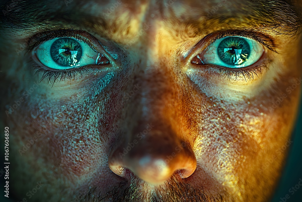 Intense gaze of a man with mesmerizing blue eyes in dramatic lighting close-up Intense gaze of a man with mesmerizing blue eyes in dramatic lighting close-up