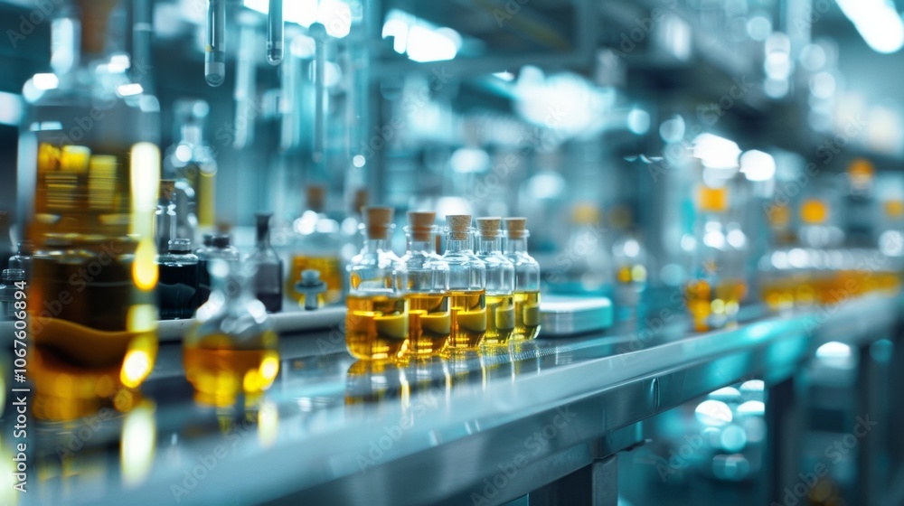 Laboratory vials filled with yellow liquid on production line Laboratory vials filled with yellow liquid on production line