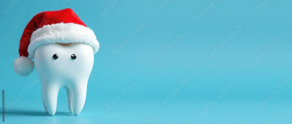 A figure of a smiling toothpick in a Santa Claus hat on a blue background. Christmas and New Year at the dental clinic. A festive medical concept. A figure of a smiling toothpick in a Santa Claus hat on a blue background. Christmas and New Year at the dental clinic. A festive medical concept.