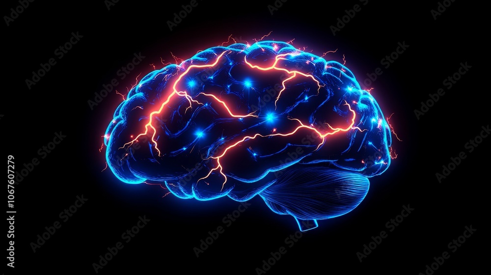 A vibrant silhouette of a brain illuminated by lightning bolts in a dark setting A vibrant silhouette of a brain illuminated by lightning bolts in a dark setting