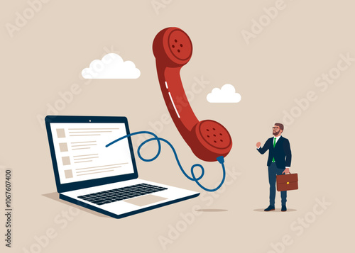 Phone coming out of a laptop. Telemarketing or telesales, phone call for selling product or business deal via telephone call. Flat vector illustration