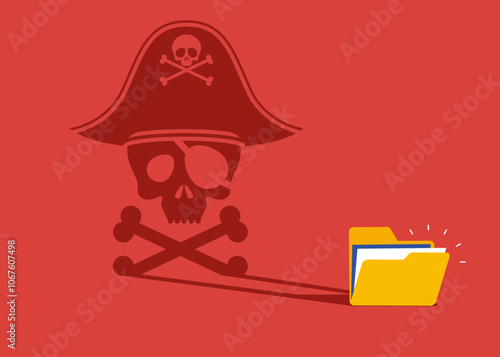 Pirate software folder casting a shadow with skull and crossbones Jolly Roger. Power, ambition. Flat vector illustration