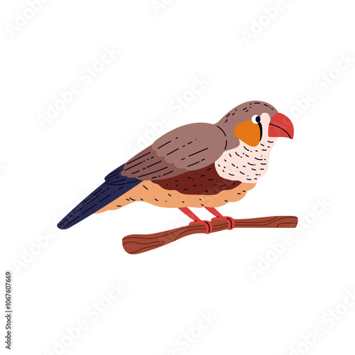 A cartoon vector illustration depicting a colorful cute bird sitting on a tree branch