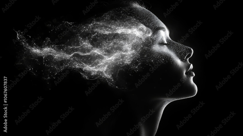 Bright dots create a glowing brain silhouette from a thoughtful profile on a dark background Bright dots create a glowing brain silhouette from a thoughtful profile on a dark background