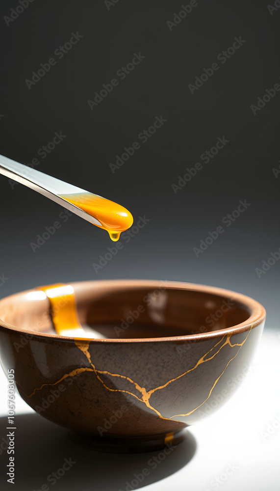 Bowl with a golden ointment to repair a pottery for the practice of kintsugi art isolated with white highlights, png Bowl with a golden ointment to repair a pottery for the practice of kintsugi art isolated with white highlights, png