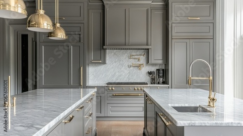 Modern Kitchen with Gray Cabinets, Gold Accents, and Marble Countertops
