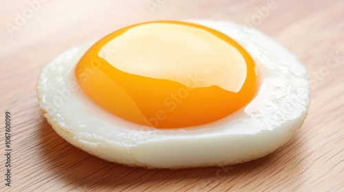 Freshly cooked egg with bright yellow yolk on wooden surface in a kitchen