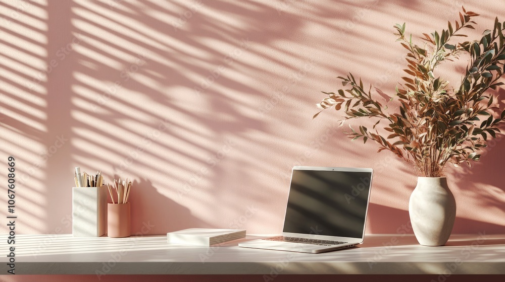 Fototapeta premium Minimalist Workspace Aesthetic, featuring a pastel pink backdrop, a sleek laptop, organized notebooks, and chic stationery for a modern, serene environment