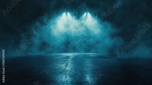 Rays searchlight light blue neon . Dark empty scene with smoke. Reflections on wet asphalt.