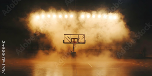 Basketball court scene with stadium lights and smoke for ambiance. 4k image