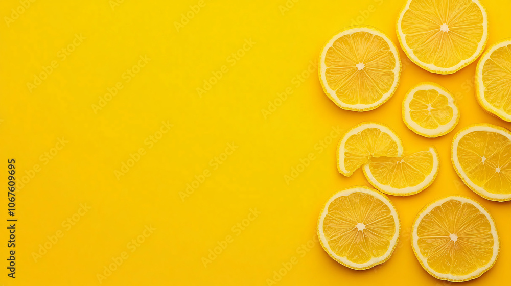 photo full of refreshing lemon slices in overhead view. yellow background photo full of refreshing lemon slices in overhead view. yellow background