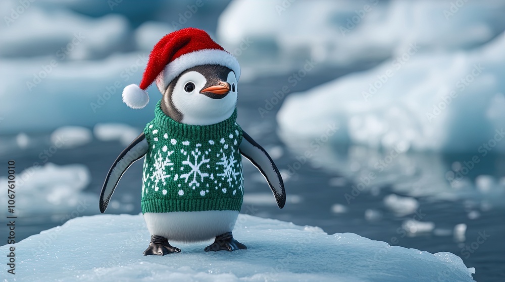 Obraz premium Festive Penguin in Santa Hat and Sweater on Arctic Ice Floe: Perfect Poster for Sports-Themed Interior Decor!
