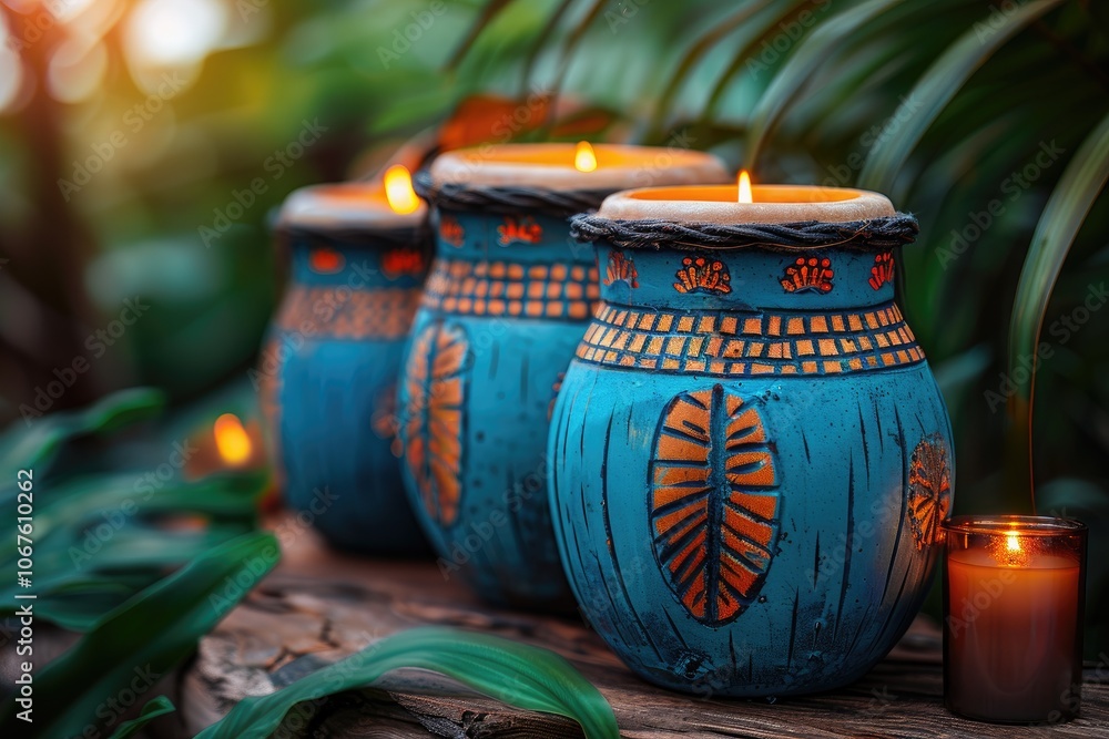 Blue Ceramic Candle Holders with Flames in a Tropical Setting Blue Ceramic Candle Holders with Flames in a Tropical Setting