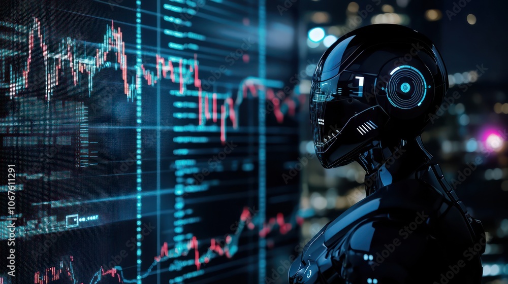 Artificial intelligence in trading with a robot silhouette and forex chart data Artificial intelligence in trading with a robot silhouette and forex chart data