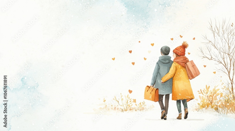 A cozy winter scene featuring two people walking hand in hand, surrounded by soft colors and falling hearts, evoking warmth and connection. A cozy winter scene featuring two people walking hand in hand, surrounded by soft colors and falling hearts, evoking warmth and connection.